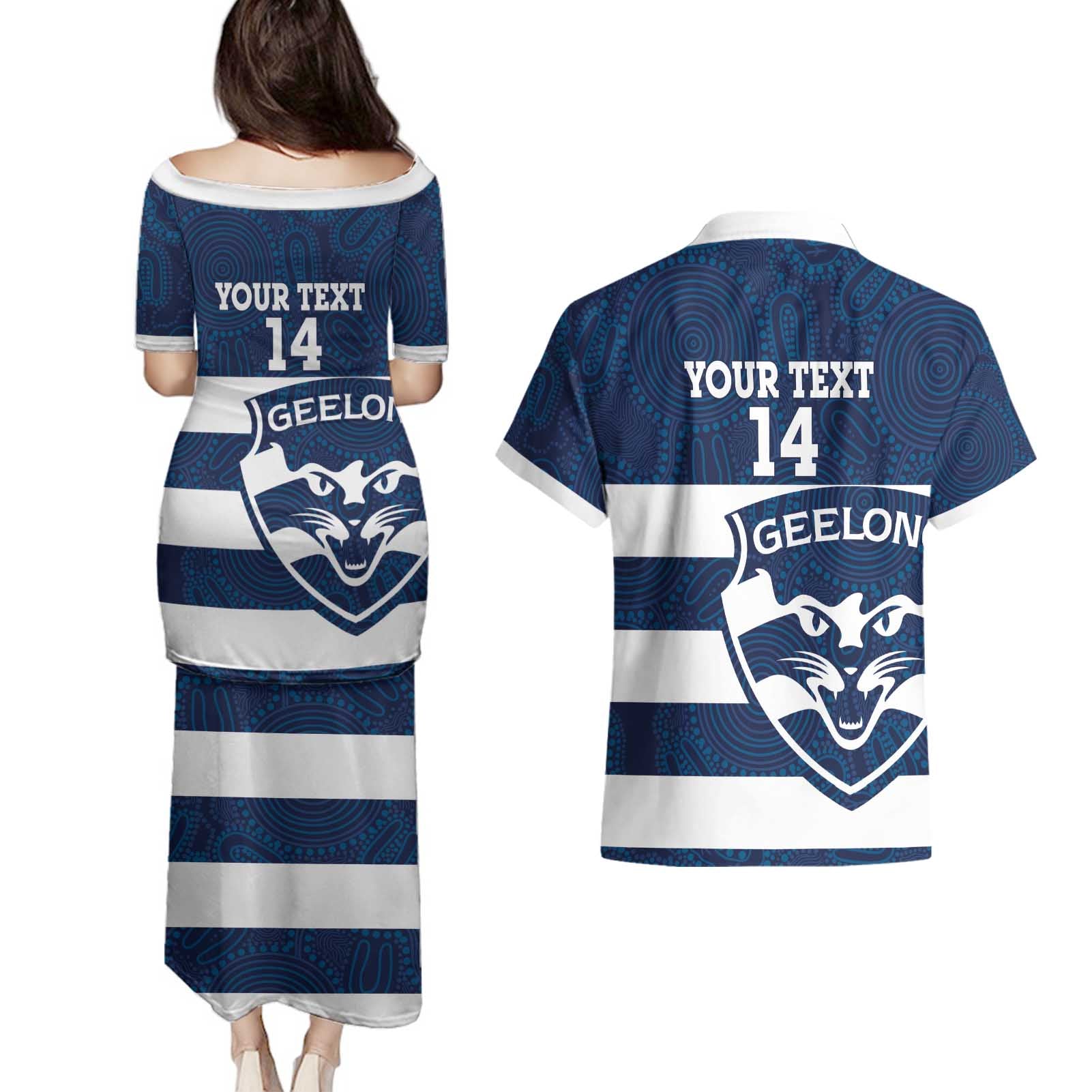 AFL Cats Football Custom Couples Matching Puletasi and Hawaiian Shirt Geelong Proud Indigenous Art - Aussie Hoodie
