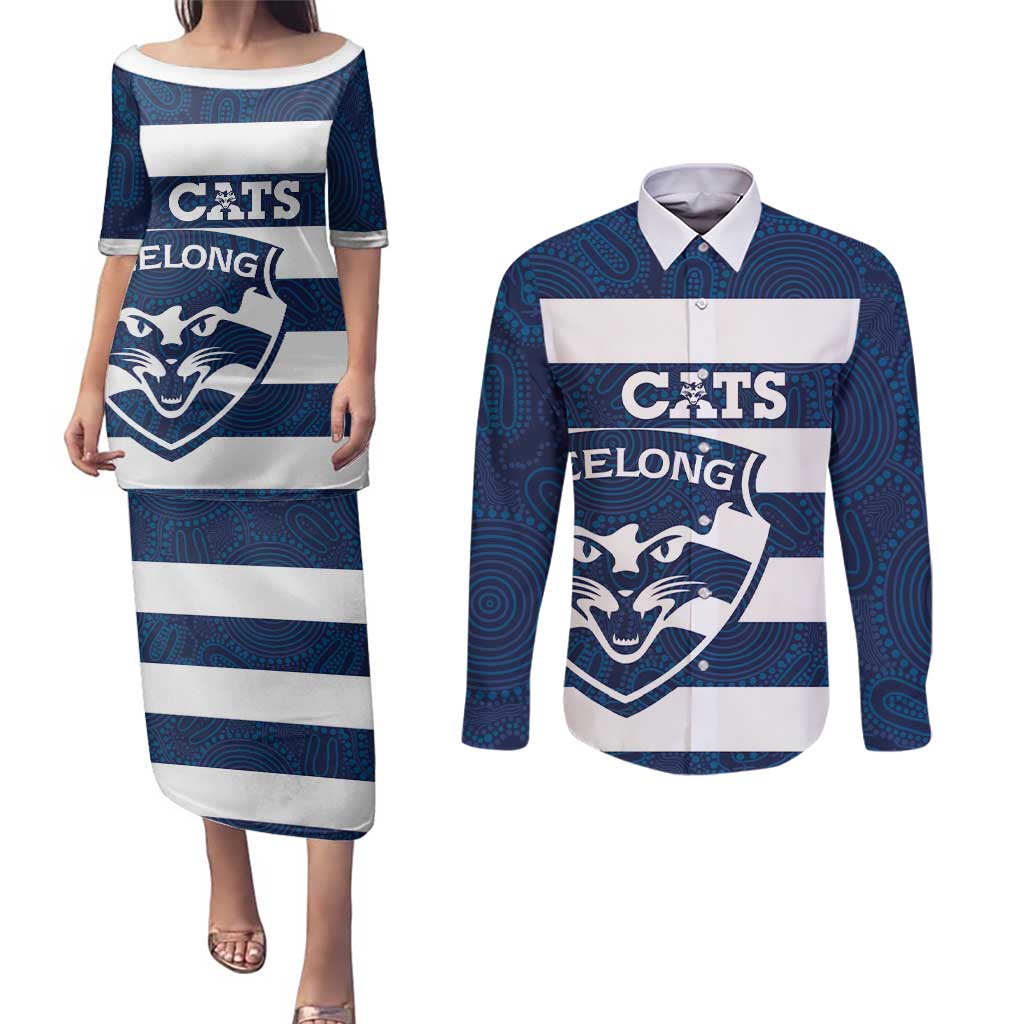 AFL Cats Football Custom Couples Matching Puletasi and Long Sleeve Button Shirt Geelong Proud Indigenous Art - Aussie Hoodie