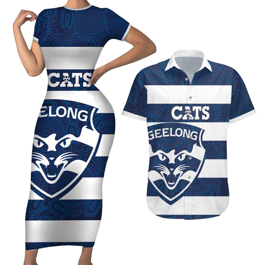 AFL Cats Football Custom Couples Matching Short Sleeve Bodycon Dress and Hawaiian Shirt Geelong Proud Indigenous Art - Aussie Hoodie