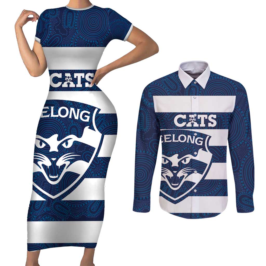 AFL Cats Football Custom Couples Matching Short Sleeve Bodycon Dress and Long Sleeve Button Shirt Geelong Proud Indigenous Art - Aussie Hoodie