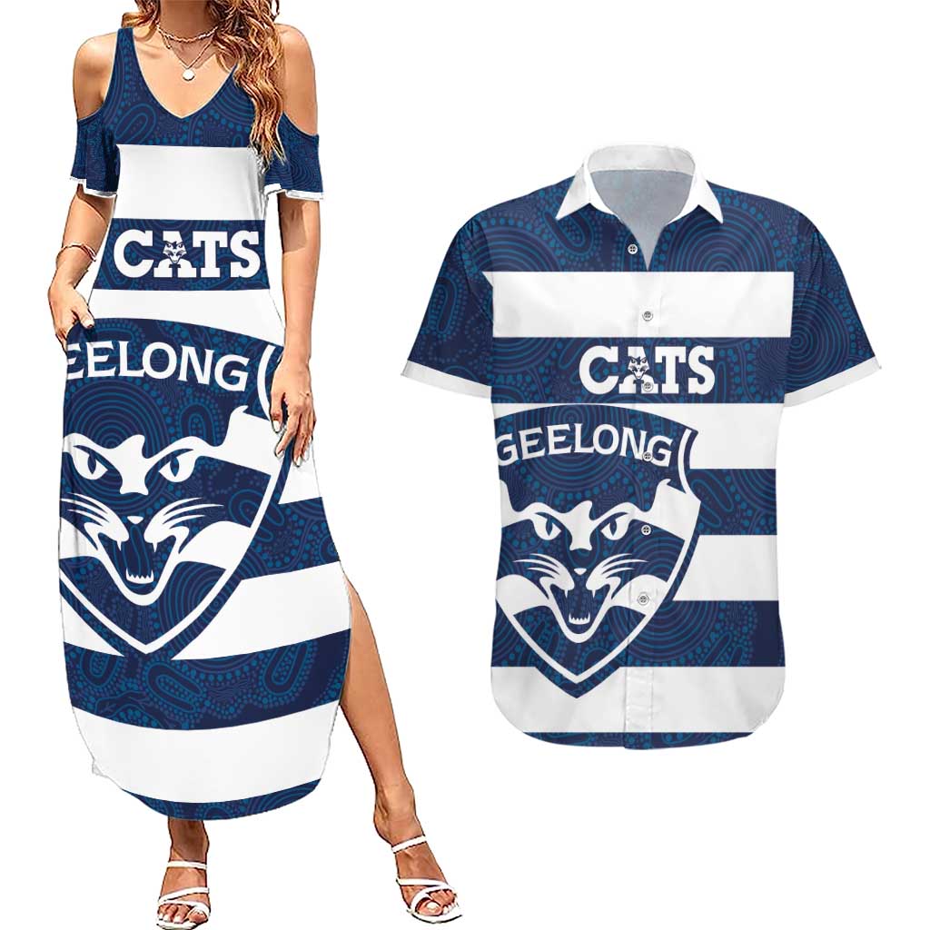 AFL Cats Football Custom Couples Matching Summer Maxi Dress and Hawaiian Shirt Geelong Proud Indigenous Art - Aussie Hoodie