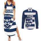 AFL Cats Football Custom Couples Matching Summer Maxi Dress and Long Sleeve Button Shirt Geelong Proud Indigenous Art - Aussie Hoodie