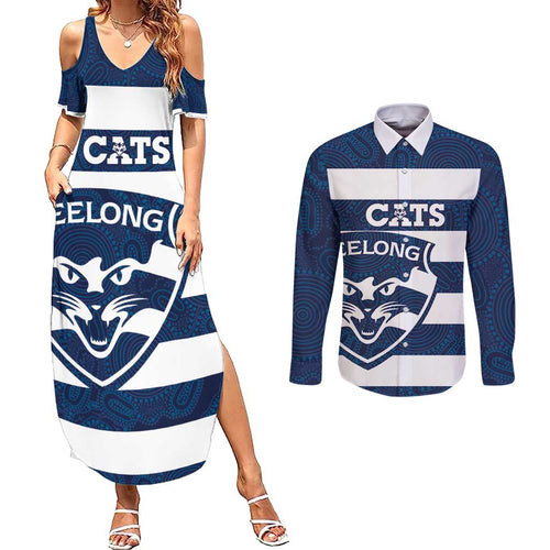 AFL Cats Football Custom Couples Matching Summer Maxi Dress and Long Sleeve Button Shirt Geelong Proud Indigenous Art - Aussie Hoodie