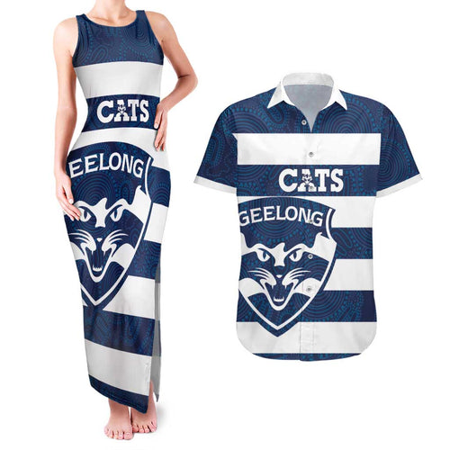 AFL Cats Football Custom Couples Matching Tank Maxi Dress and Hawaiian Shirt Geelong Proud Indigenous Art - Aussie Hoodie