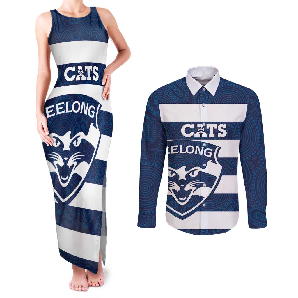 AFL Cats Football Custom Couples Matching Tank Maxi Dress and Long Sleeve Button Shirt Geelong Proud Indigenous Art - Aussie Hoodie
