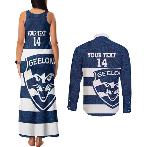 AFL Cats Football Custom Couples Matching Tank Maxi Dress and Long Sleeve Button Shirt Geelong Proud Indigenous Art - Aussie Hoodie