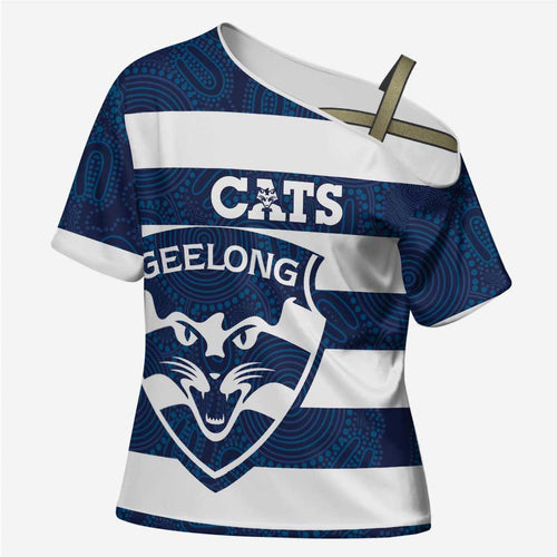 AFL Cats Football Custom Cross Shoulder Shirt Geelong Proud Indigenous Art - Aussie Hoodie