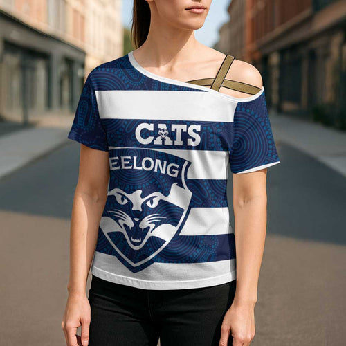 AFL Cats Football Custom Cross Shoulder Shirt Geelong Proud Indigenous Art - Aussie Hoodie