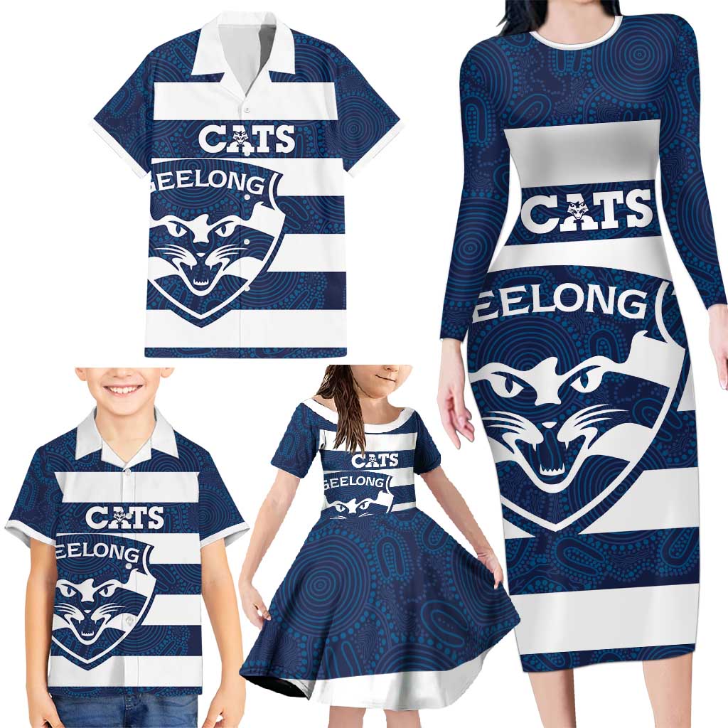 AFL Cats Football Custom Family Matching Long Sleeve Bodycon Dress and Hawaiian Shirt Geelong Proud Indigenous Art - Aussie Hoodie