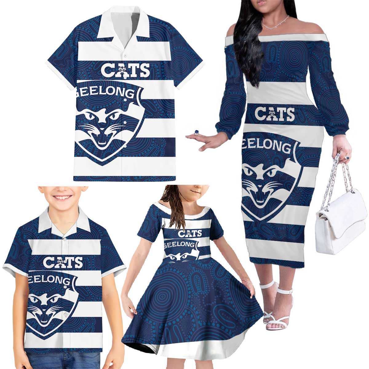 AFL Cats Football Custom Family Matching Off The Shoulder Long Sleeve Dress and Hawaiian Shirt Geelong Proud Indigenous Art - Aussie Hoodie