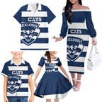 AFL Cats Football Custom Family Matching Off The Shoulder Long Sleeve Dress and Hawaiian Shirt Geelong Proud Indigenous Art - Aussie Hoodie