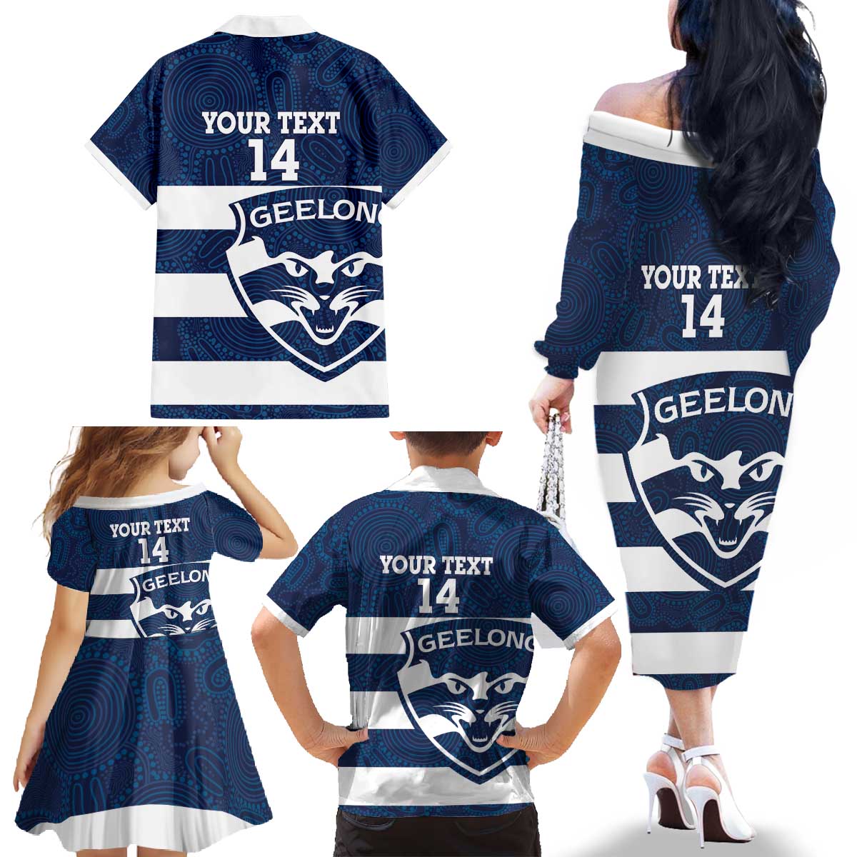 AFL Cats Football Custom Family Matching Off The Shoulder Long Sleeve Dress and Hawaiian Shirt Geelong Proud Indigenous Art - Aussie Hoodie