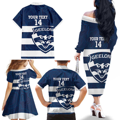 AFL Cats Football Custom Family Matching Off The Shoulder Long Sleeve Dress and Hawaiian Shirt Geelong Proud Indigenous Art - Aussie Hoodie