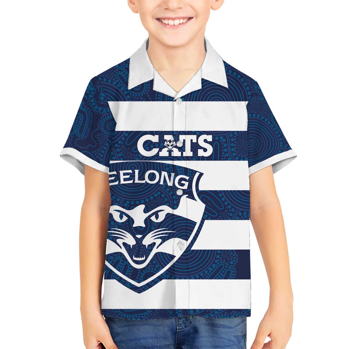 AFL Cats Football Custom Family Matching Off The Shoulder Long Sleeve Dress and Hawaiian Shirt Geelong Proud Indigenous Art - Aussie Hoodie