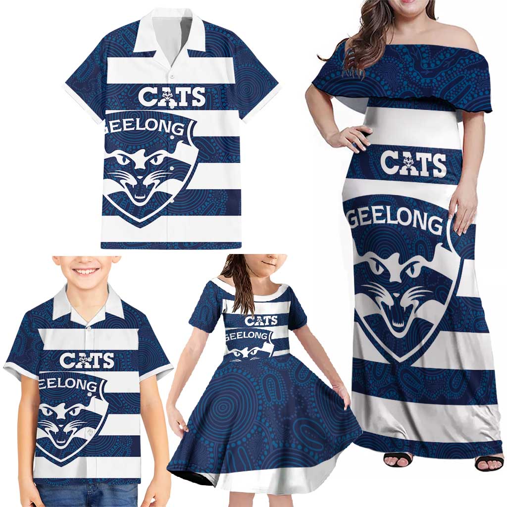 AFL Cats Football Custom Family Matching Off Shoulder Maxi Dress and Hawaiian Shirt Geelong Proud Indigenous Art - Aussie Hoodie