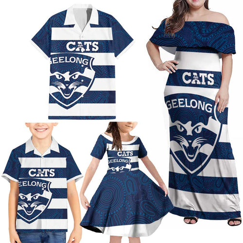 AFL Cats Football Custom Family Matching Off Shoulder Maxi Dress and Hawaiian Shirt Geelong Proud Indigenous Art - Aussie Hoodie