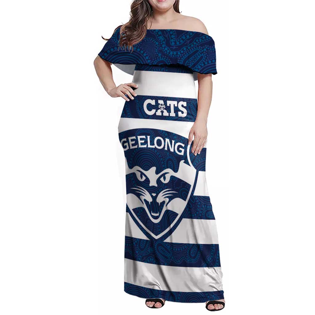 AFL Cats Football Custom Family Matching Off Shoulder Maxi Dress and Hawaiian Shirt Geelong Proud Indigenous Art - Aussie Hoodie