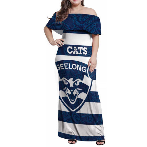 AFL Cats Football Custom Family Matching Off Shoulder Maxi Dress and Hawaiian Shirt Geelong Proud Indigenous Art - Aussie Hoodie