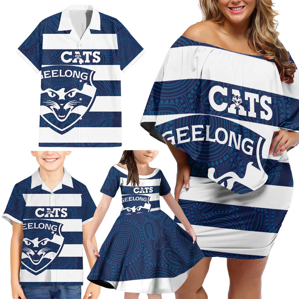 AFL Cats Football Custom Family Matching Off Shoulder Short Dress and Hawaiian Shirt Geelong Proud Indigenous Art - Aussie Hoodie