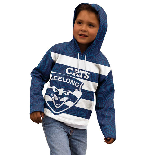 AFL Cats Football Custom Kid Hoodie Geelong Proud Indigenous Art - Aussie Hoodie