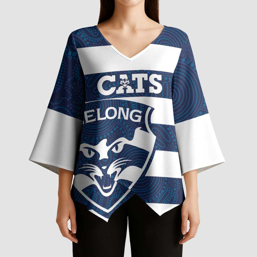 AFL Cats Football Custom Kimono Sleeve Blouse Geelong Proud Indigenous Art - Aussie Hoodie