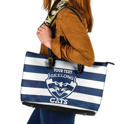 AFL Cats Football Custom Leather Tote Bag Geelong Proud Indigenous Art - Aussie Hoodie