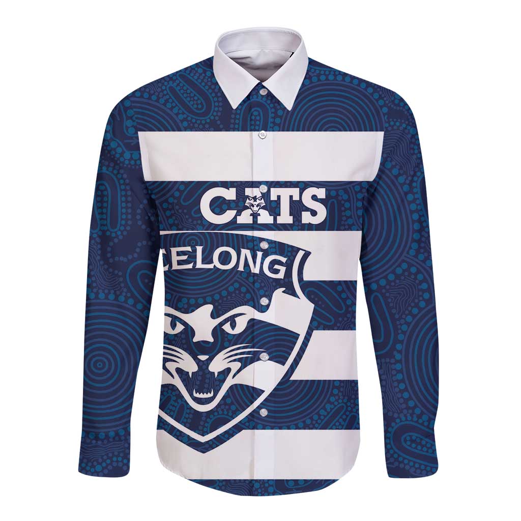 AFL Cats Football Custom Long Sleeve Button Shirt Geelong Proud Indigenous Art - Aussie Hoodie