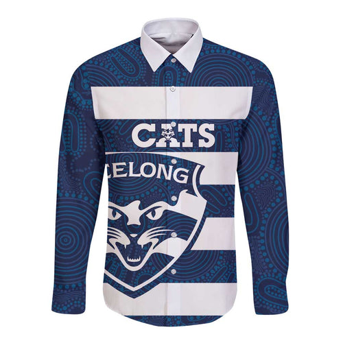 AFL Cats Football Custom Long Sleeve Button Shirt Geelong Proud Indigenous Art - Aussie Hoodie