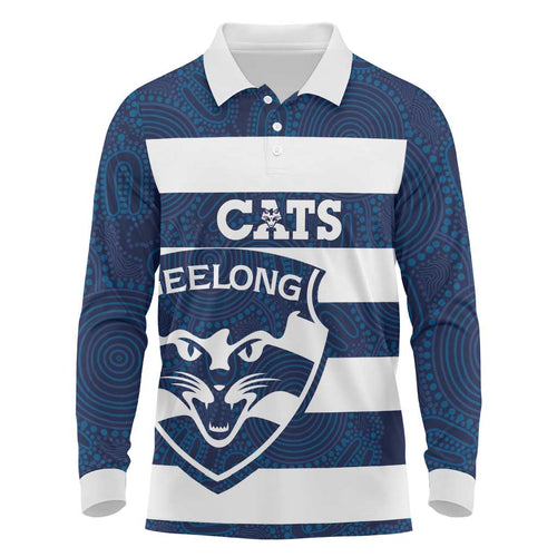 AFL Cats Football Custom Long Sleeve Polo Shirt Geelong Proud Indigenous Art - Aussie Hoodie