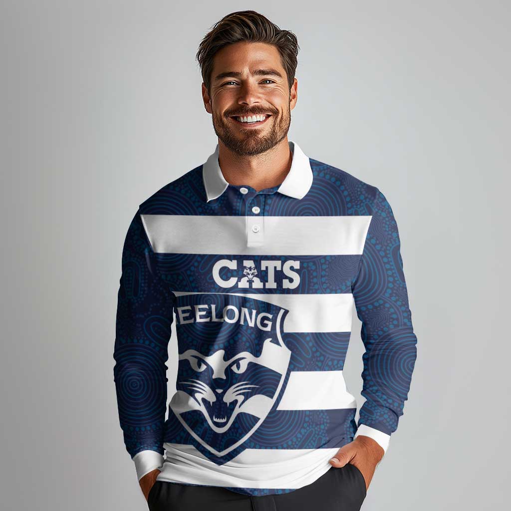 AFL Cats Football Custom Long Sleeve Polo Shirt Geelong Proud Indigenous Art - Aussie Hoodie