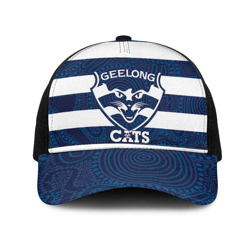 AFL Cats Football Mesh Trucker Cap Geelong Proud Indigenous Art - Aussie Hoodie