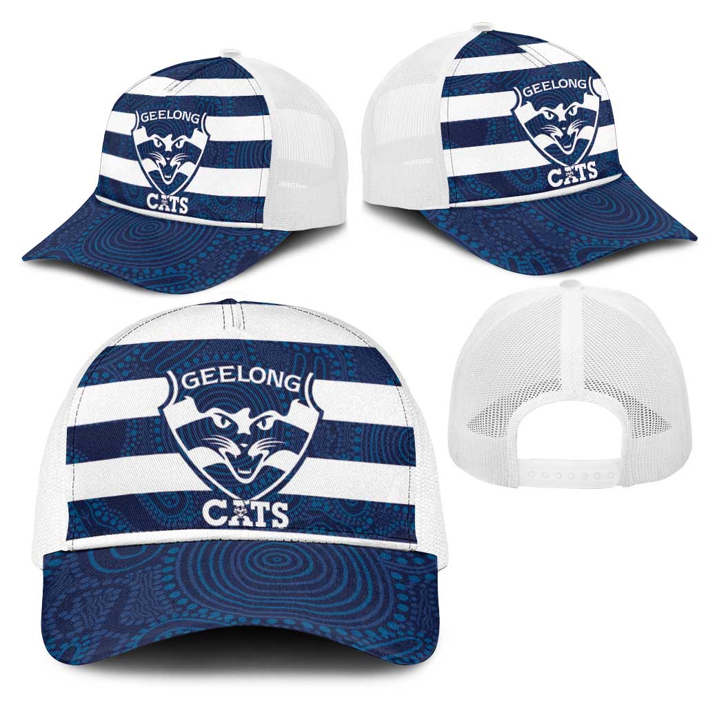 AFL Cats Football Mesh Trucker Cap Geelong Proud Indigenous Art - Aussie Hoodie