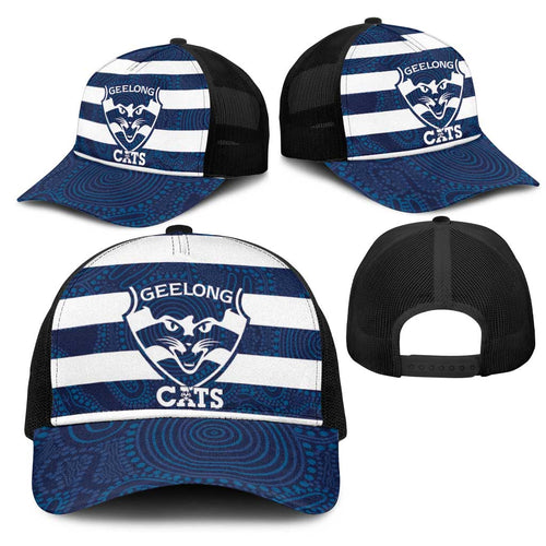 AFL Cats Football Mesh Trucker Cap Geelong Proud Indigenous Art - Aussie Hoodie