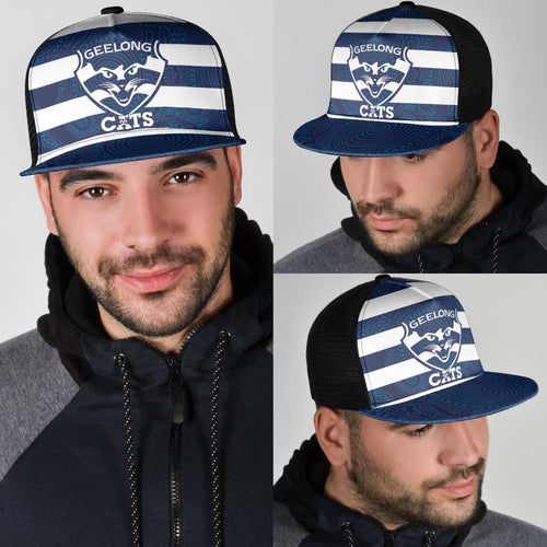 AFL Cats Football Mesh Trucker Cap Geelong Proud Indigenous Art - Aussie Hoodie