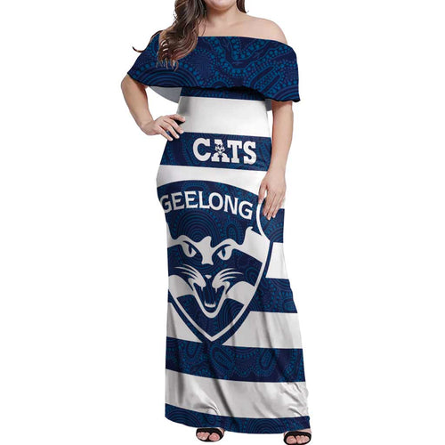 AFL Cats Football Custom Off Shoulder Maxi Dress Geelong Proud Indigenous Art - Aussie Hoodie