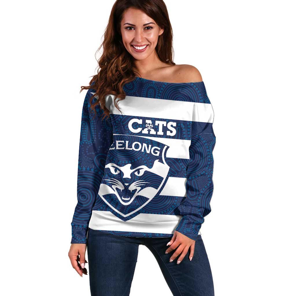 AFL Cats Football Custom Off Shoulder Sweater Geelong Proud Indigenous Art - Aussie Hoodie