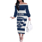 AFL Cats Football Custom Off The Shoulder Long Sleeve Dress Geelong Proud Indigenous Art - Aussie Hoodie