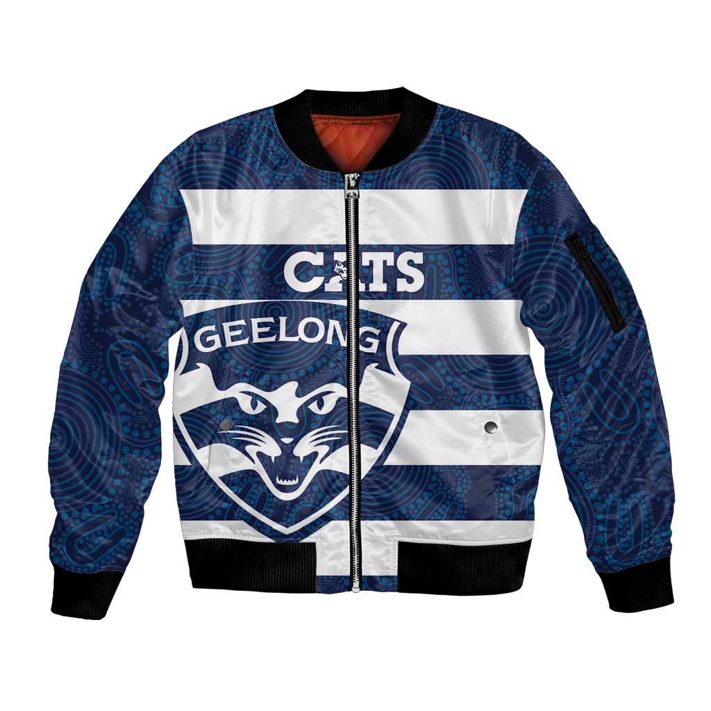 AFL Cats Football Custom Sleeve Zip Bomber Jacket Geelong Proud Indigenous Art - Aussie Hoodie