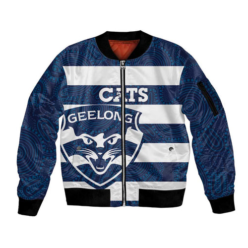 AFL Cats Football Custom Sleeve Zip Bomber Jacket Geelong Proud Indigenous Art - Aussie Hoodie