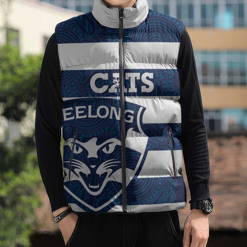 AFL Cats Football Custom Sleeveless Puffer Jacket Geelong Proud Indigenous Art - Aussie Hoodie