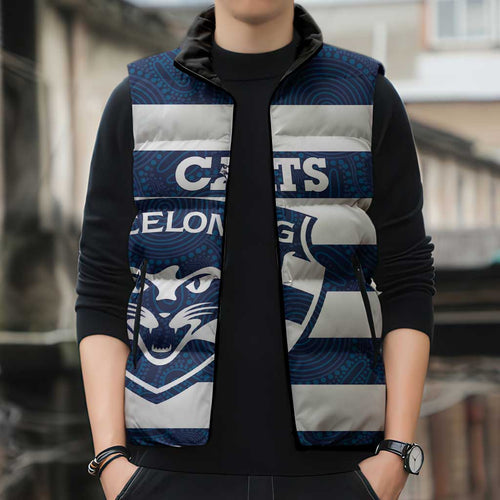 AFL Cats Football Custom Sleeveless Puffer Jacket Geelong Proud Indigenous Art - Aussie Hoodie