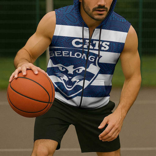 AFL Cats Football Custom Sleeveless Zip Hoodie Geelong Proud Indigenous Art LT14
