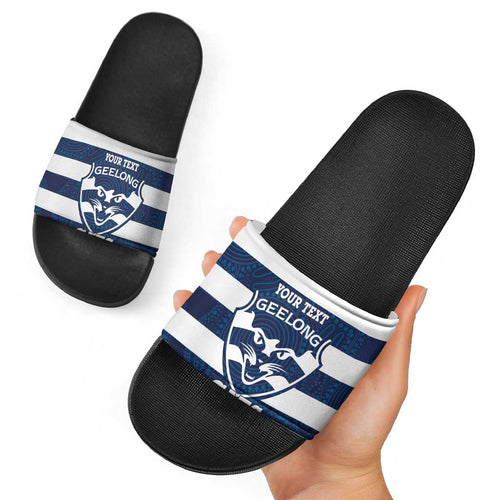 AFL Cats Football Custom Slide Sandals Geelong Proud Indigenous Art - Aussie Hoodie