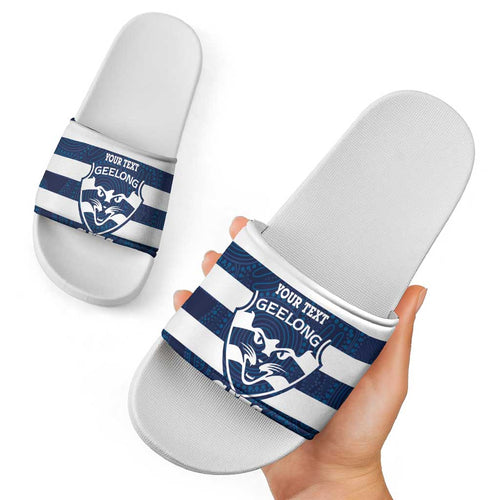 AFL Cats Football Custom Slide Sandals Geelong Proud Indigenous Art - Aussie Hoodie