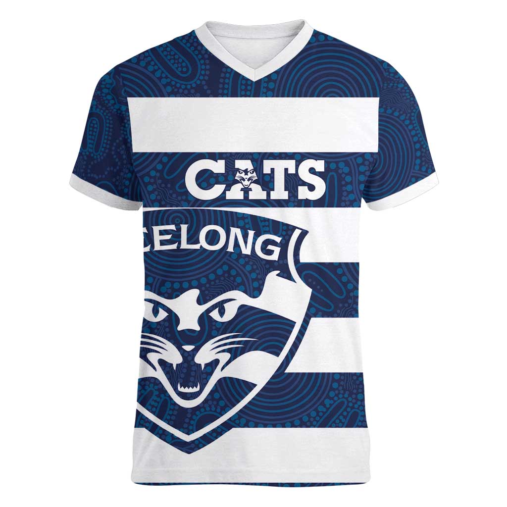 AFL Cats Football Custom Women V-Neck T-Shirt Geelong Proud Indigenous Art - Aussie Hoodie