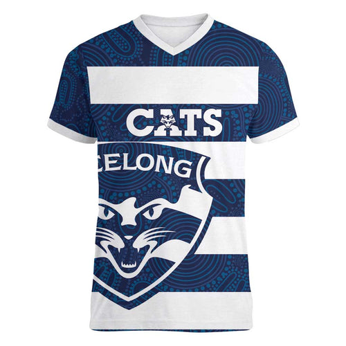 AFL Cats Football Custom Women V-Neck T-Shirt Geelong Proud Indigenous Art - Aussie Hoodie
