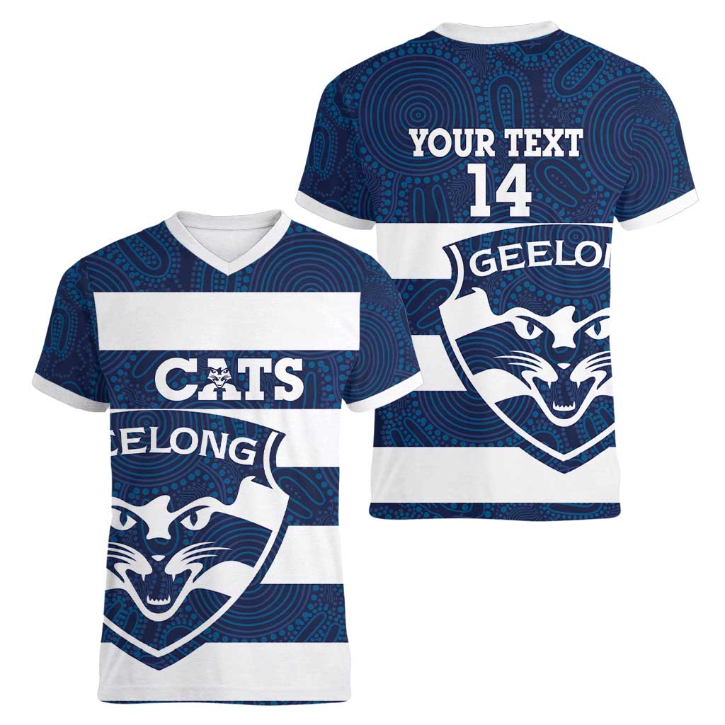 AFL Cats Football Custom Women V-Neck T-Shirt Geelong Proud Indigenous Art - Aussie Hoodie