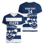 AFL Cats Football Custom Women V-Neck T-Shirt Geelong Proud Indigenous Art - Aussie Hoodie