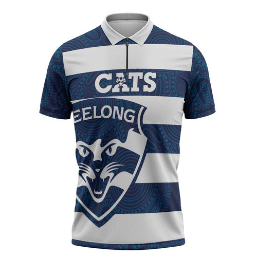 AFL Cats Football Custom Zipper Polo Shirt Geelong Proud Indigenous Art - Aussie Hoodie