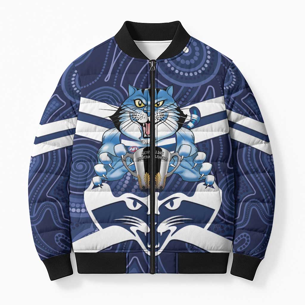 AFL Cats Football Personalised Bomber Puffer Jacket Final Geelong Premiers Trophy Aboriginal - Aussie Hoodie